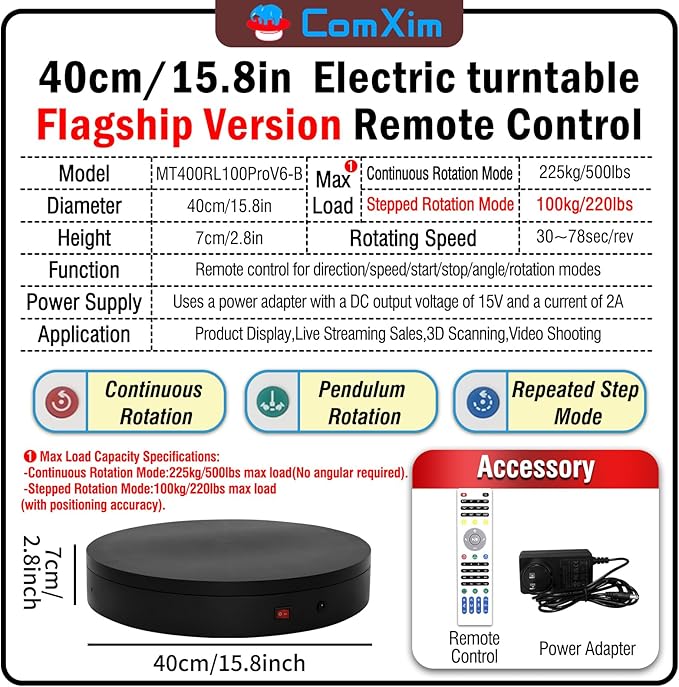 15.8In Remote Motorized electric turntable Rotating platform Photography Turntable Motorized lazy susan Base giratoria para for Photography,3D Scanner,Heavy duty display(Load Range:220~500lbs)