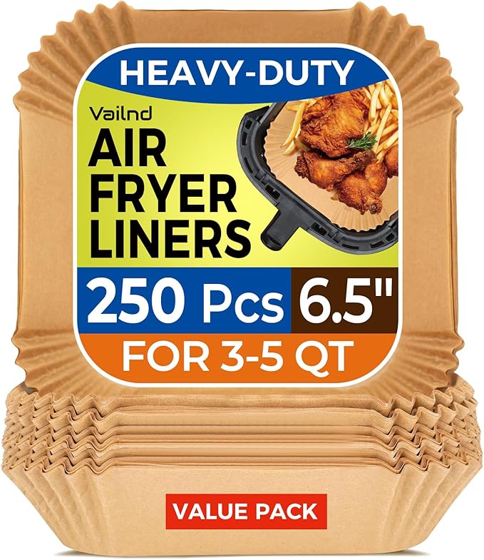 Air Fryer Paper Liners: 250Pcs Parchment Paper Sheets, Air Fryer Liner Disposable, Oilproof Waterproof Airfryer Basket Liner Square (6.5inch)
