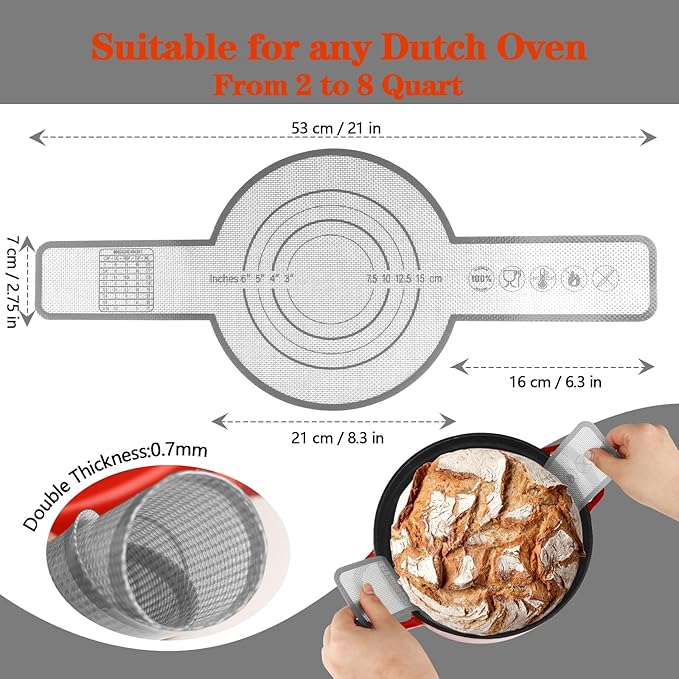 UBeesize Thickened Silicone Bread Sling, Reusable Sourdough Bread Baking Mat For Dutch Oven 2-8 Qrt, Non-Stick, Easy To Clean, With Extra Long Handles Bread Baking Sheet Liner, Grey