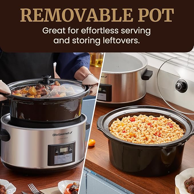 Elite Gourmet MST-900D 8.5Qt Digital Programmable XL Jumbo Slow Cooker, Adjustable Temp, Entrees, Sauces, Stews & Dips, Dishwasher Safe Glass Lid & Crock, Stainless Steel