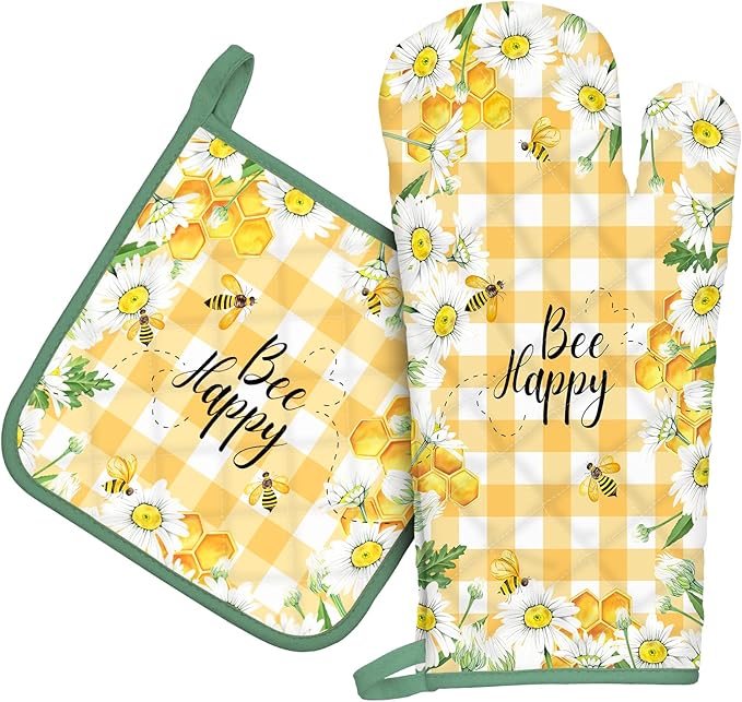 Bee Daisy Oven Mitts and Pot Holders Sets 100% Cotton Heat Resistant, Extra Long Oven Gloves Potholder for Kitchen Cooking Baking Housewarming