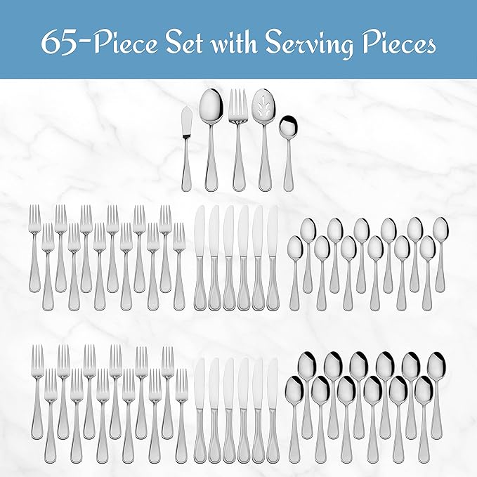 Mikasa Bravo 65-Piece Flatware Set for 12, 18/10 Stainless Steel Silverware with Full Service, Includes Forks, Knives, Spoons, and Serving Utensils