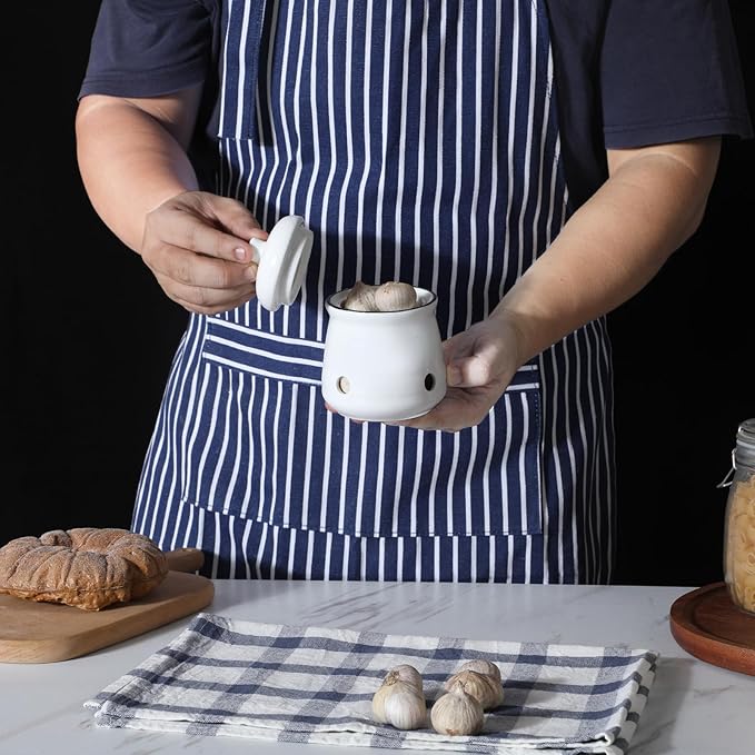 HAOTOP Ceramic Mini Garlic Keeper with Lid, Garlic Container Saver for Countertop, Keep Your Garlic Cloves Fresh (White)