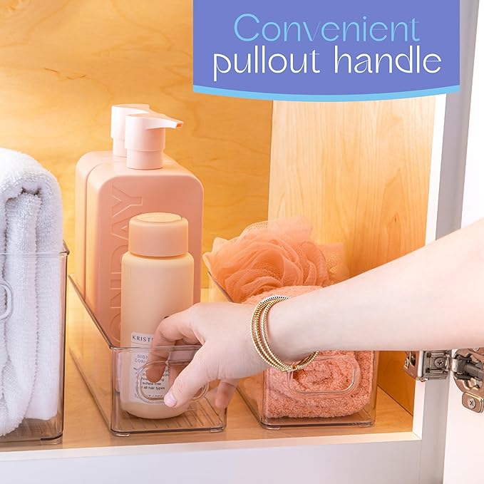 Plastic Food Storage 4 Pack Clear Container Bin with Handles for Organizing Kitchen, Pantry, Fridge, Freezer, Pantry,Bathroom. 10"x4"3"