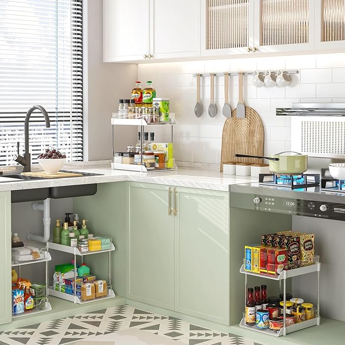 JLKDQ 4 Pack Bathroom Under Sink Organizers and Storage, 2-Tier Pull Out Cabinet Organizer and Medicine Storage Shelf,Fit Cabinets, Kitchens,Food Pantry. (White&Clear,10.63" L x 8.0" W x 8.46" H).