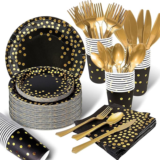 AIRE 175PCS Black and Gold Plates Party Supplies Dinnerware Sets for 25 Guests, Disposable Paper Party Plates, Dessert Plates, Cups, Napkins, Plastic Spoons, Forks, Knives for Wedding, Birthday