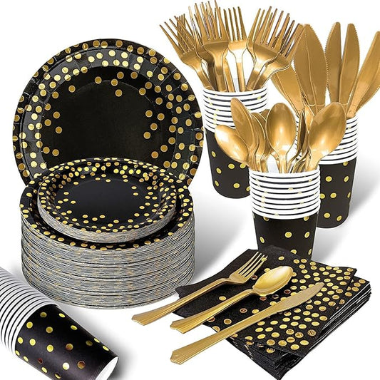 AIRE 175PCS Black and Gold Plates Party Supplies Dinnerware Sets for 25 Guests, Disposable Paper Party Plates, Dessert Plates, Cups, Napkins, Plastic Spoons, Forks, Knives for Wedding, Birthday