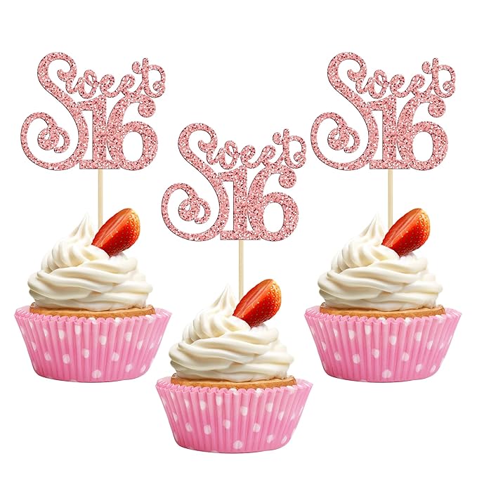 Gyufise 24 Pack 16th Birthday Cupcake Toppers Glitter Sixteen Happy Sweet 16 Cupcake Picks Cheers to 16 Years Old Cupcake Decorations for 16th Birthday Anniversary Party Cake Supplies Rose Gold