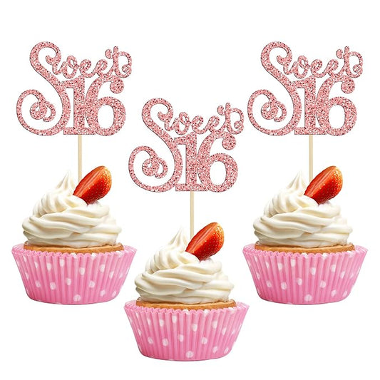 Gyufise 24 Pack 16th Birthday Cupcake Toppers Glitter Sixteen Happy Sweet 16 Cupcake Picks Cheers to 16 Years Old Cupcake Decorations for 16th Birthday Anniversary Party Cake Supplies Rose Gold