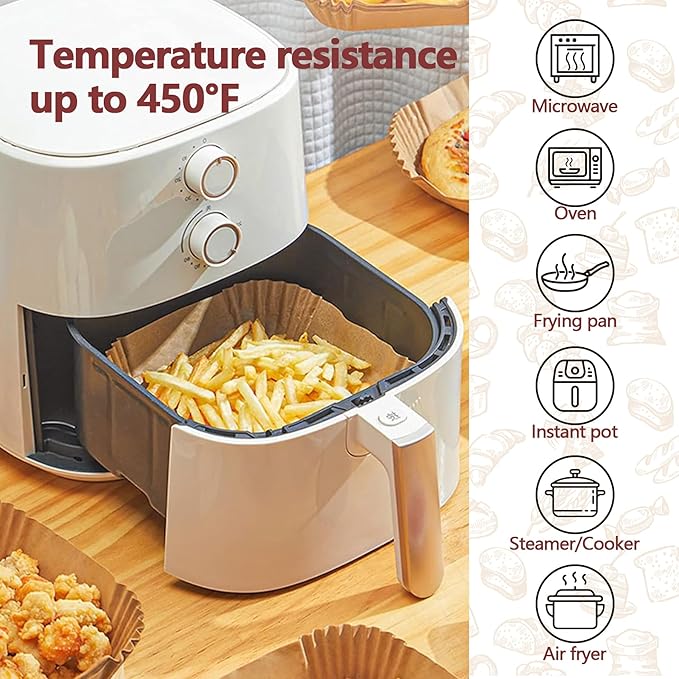 10 Inch Air Fryer Liners Disposable, 100 Pack Parchment Paper Sheets for Air Fryer Basket, Non-Stick, Disposable, Unbleached, Heat Resistant, Fits 5-8 QT Air Fryers, Oil-Free & Healthy Cooking