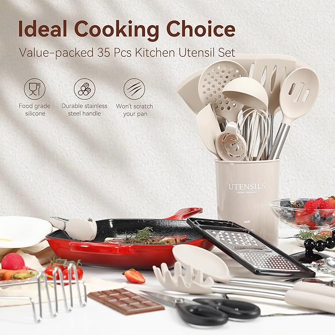 Silicone Cooking Utensils Set, NCUE 35 Pcs Kitchen Utensils Set with Holder, with Stainless Steel Handle Spatula Set, Spoons, Pasta Server, Cheese Grater, Masher, Scissors, Dishwasher Safe (Khaki)