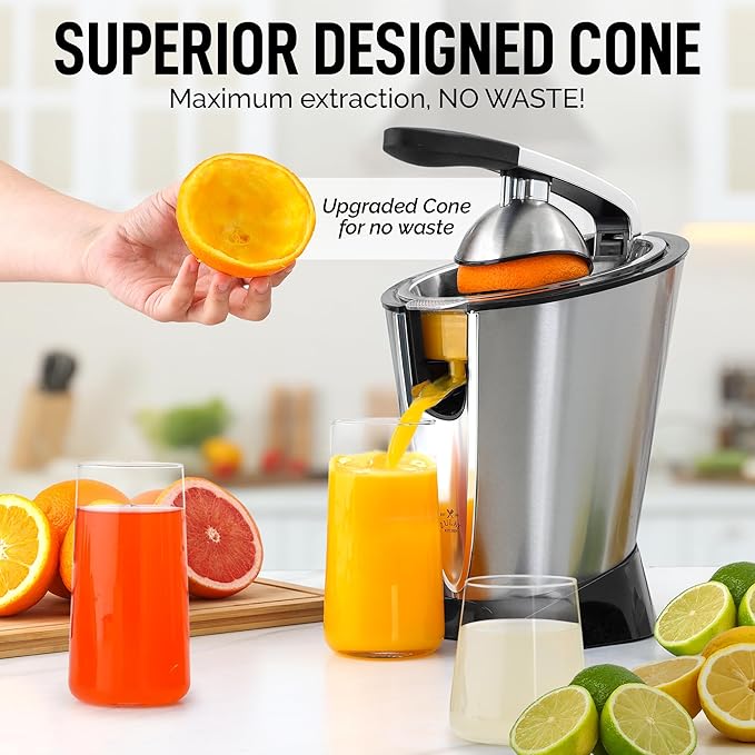 Zulay Electric Citrus Juicer - Makes Fresh Orange, Lemon, Grapefuit, Lime - Stainless Steel, 160W Quiet Powerful Motor, Interchangeable Cones - Filters Out Seeds & Pulp - Dishwasher-Safe Parts - Black