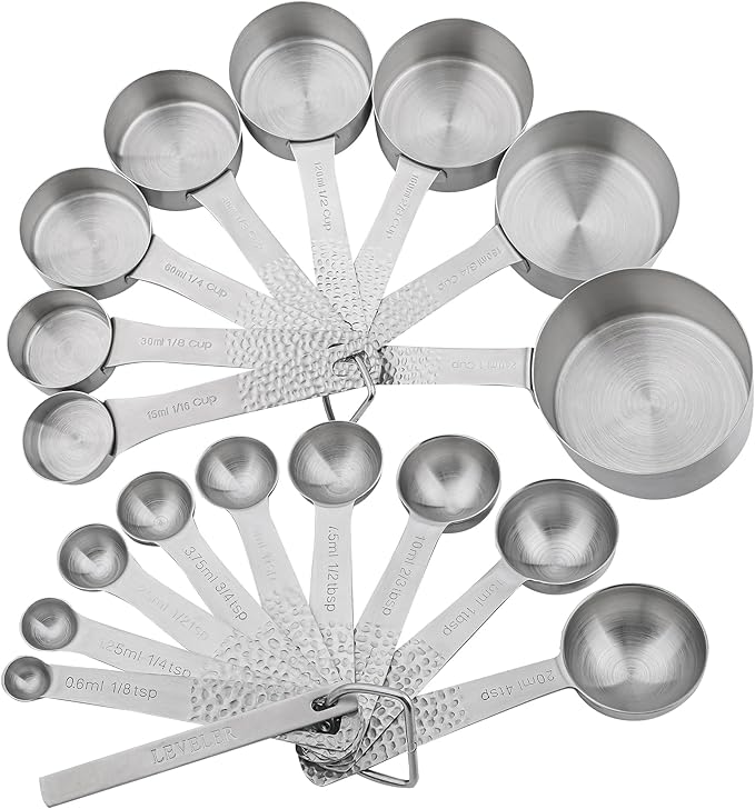 Measuring Cups and Spoons Set 19, Metric & US 18/8 Stainless Steel Measuring Cups and Spoons Set for Kitchen and Baking, Dry & Liquid Metal Measure Cup Spoon with Measure Equivalents