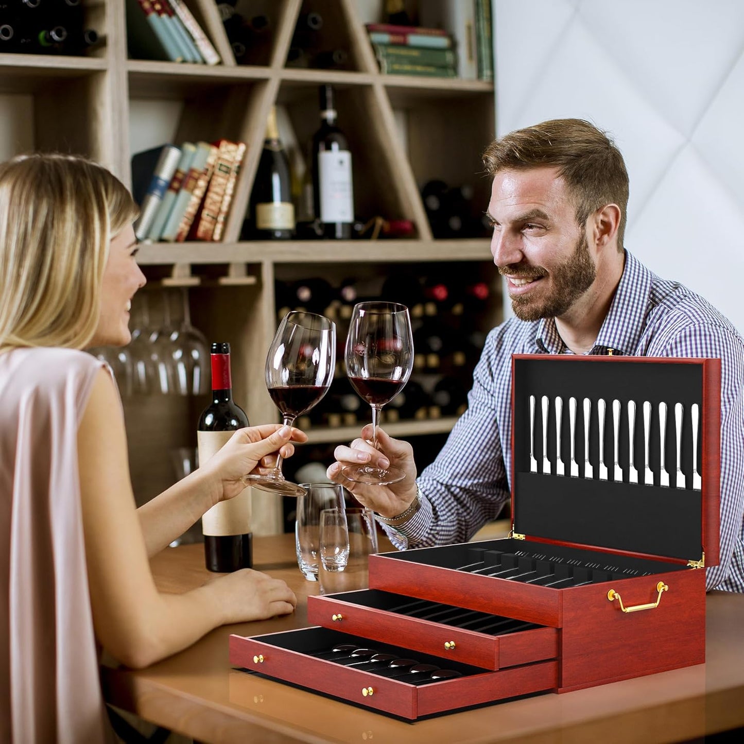 Silverware Storage Box 3-Layer Wooden Silverware Chest 15x11in Flatware Storage Case with Handle and Felt Lined Luxury Style Decor to Store Sterling Silver Ware Cutlery Sets for Home Restaurant