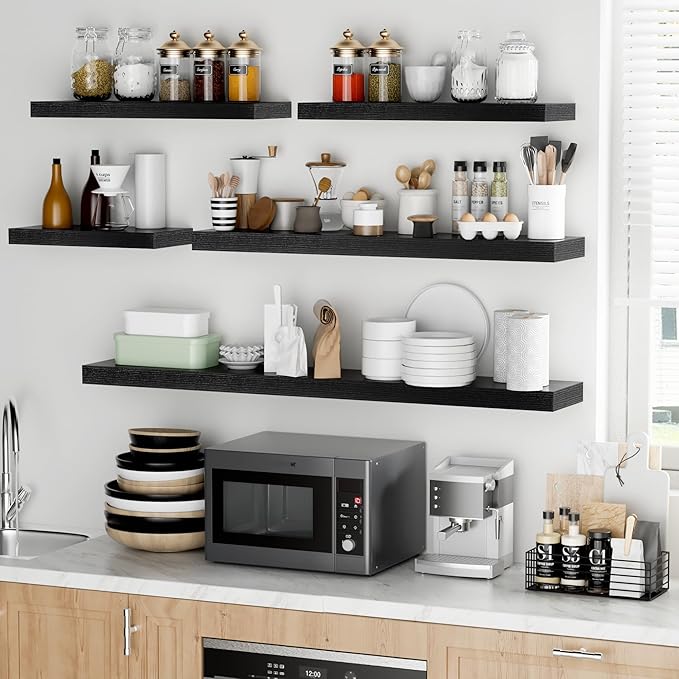 Fun Memories 24 Inch Floating Shelves - Deep Rustic Black Wooden Wall Shelves - Extra Deeper & Thicker Wall Mounted Storage Shelf for Bedroom, Kitchen, Farmhouse - 2 Pack, Rustic Black