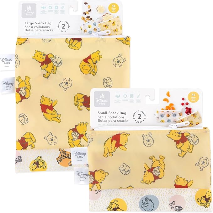 Bumkins - Cloth Snack & Sandwich Bags - For Storage, Travel, Food Prep, Lunch - Reusable, Water Resistant, Washable, Dishwasher Safe - Snack Bags for Kids - Zipper Closure - Winnie the Pooh - 4 Pack