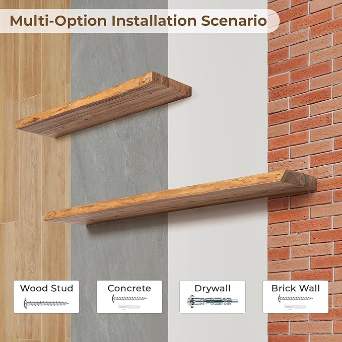 Axeman 40 inch Floating Shelves for Wall - 8'' D Live Edge Rustic Solid Elm Wood Floating Shelves Wall Mounted, Wall Shelves with Invisible Bracket for Living Room Bedroom Kitchen, 1 Pc Natural