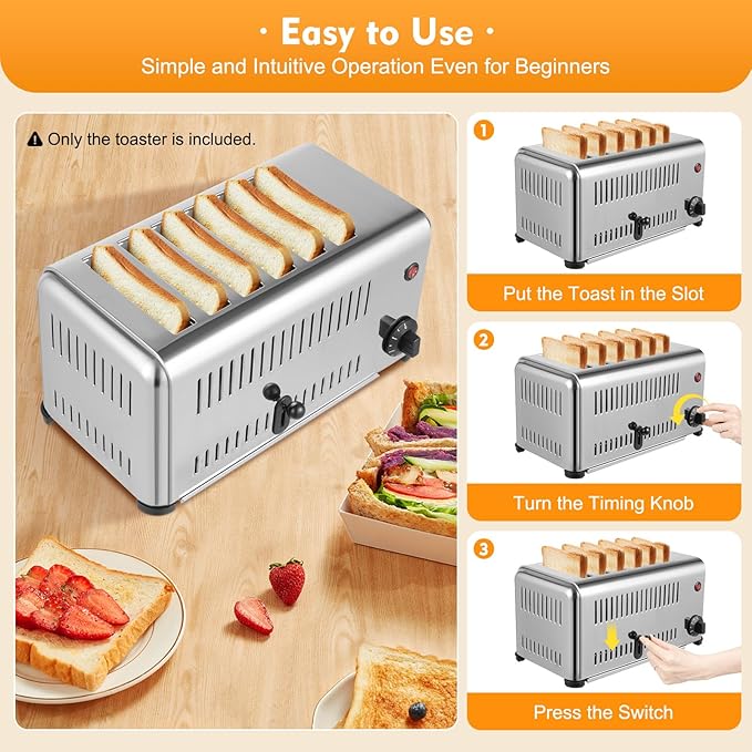 6 Slice Toaster with Wide Slots Commercial Toasters for Restaurant Bread Baking Machine 1680W Stainless Steel Toaster Countertop for Toast, Sandwiches, Meatloaf