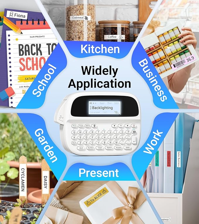 Label Maker Machine with-Tape Waterproof, Keyboard Label Maker Rechargeable, Bluetooth Labeler Portable with Backlit Screen for Home Office School Kids Use, M950