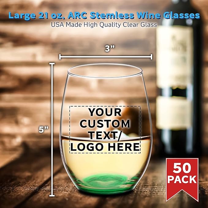 DISCOUNT PROMOS 50 ARC Stemless Wine Glasses Set, 21 oz. - Customizable Text, Logo - Chardonnay, Cabernet, Merlot, Sauvignon - Green