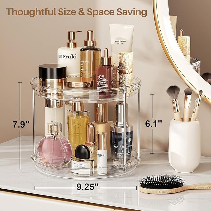 LAMU 2 Pack 2 Tier Lazy Susan Turntable Organizer 9.25'' Rotating Spice Rack Organization for Cabinet, Kitchen, Pantry, Countertop, Bathroom, Vanity, Medicine Cabinet Organizer, Clear