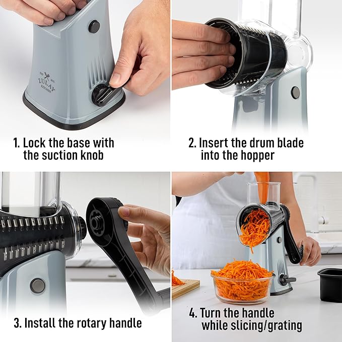 Zulay Kitchen Rotary Cheese Grater 5 Blade Cheese Shredder - Manual Hand Crank Cheese Grater With Reinforced Suction & 5 Interchangeable Drums - Easy to Use, Vegetable Chopper Round Mandoline Slicer