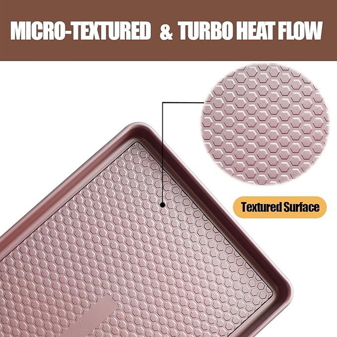 Large Baking Sheet Set (2 Pack) - Half Sheet Pan 17.7x12.2 Inch, 0.8mm Heavy Duty Carbon Steel, Nonstick & Warp Resistant Cookie Sheet for Baking, Roasting, Texture Pattern/Rose Gold