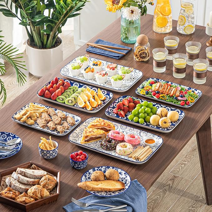 vancasso Serving Platters Set of 3, 16"/14"/12" Inch Rectangular Trays - Serving Platter Extra Large, Ceramic Serving Dish Microwave & Dishwasher Safe (Vintage Blue B)