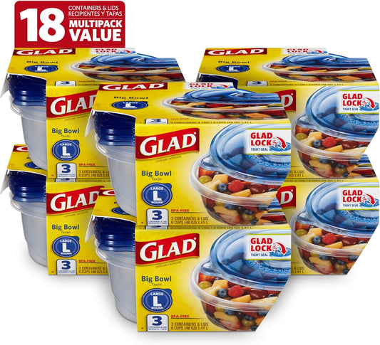 Glad Big Bowl Food Storage Containers, Large Round - (48 Oz) - 3 Count, Standard