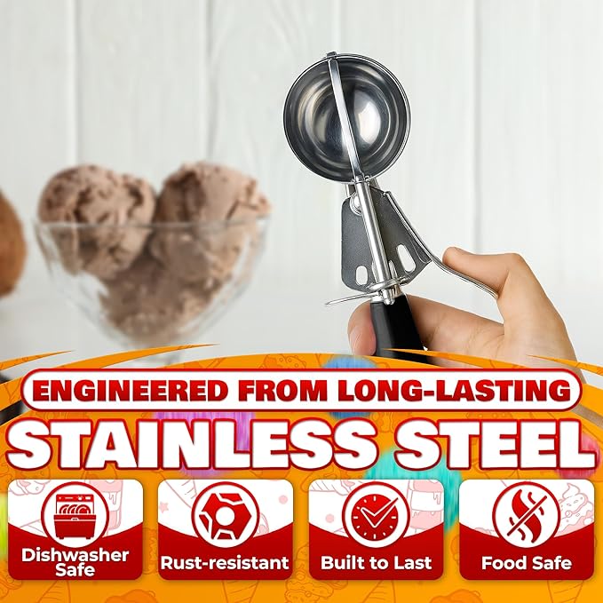 1 Oz Ice Cream Scoop with Trigger #30 - Versatile 1 Oz Scoop for Gelato, Cookie Dough Baking, Sorbet & Meatballs - Rust-Resistant Stainless Steel, Easy to Clean in Dishwasher, Non-Slip Handle