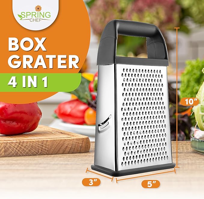 Spring Chef Professional Gray 10" Stainless Steel Parmesan Cheese Grater with Handle, 4 Sided Handheld Box Grater, Kitchen Carrot Shredder for Potato, Cheese, Ginger, Vegetables, Hashbrown