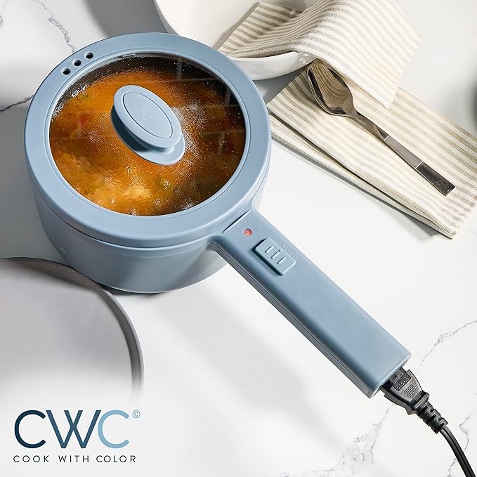 COOK WITH COLOR Electric Hot Pot, 1.6L Mini Cooker, 700W Power, Non-Stick Surface, Thermal Cut-Out Protection, Perfect for Rice, Noodles, Soups, Stews, Dorms, Apartments, and Small Kitchens, Blue Grey