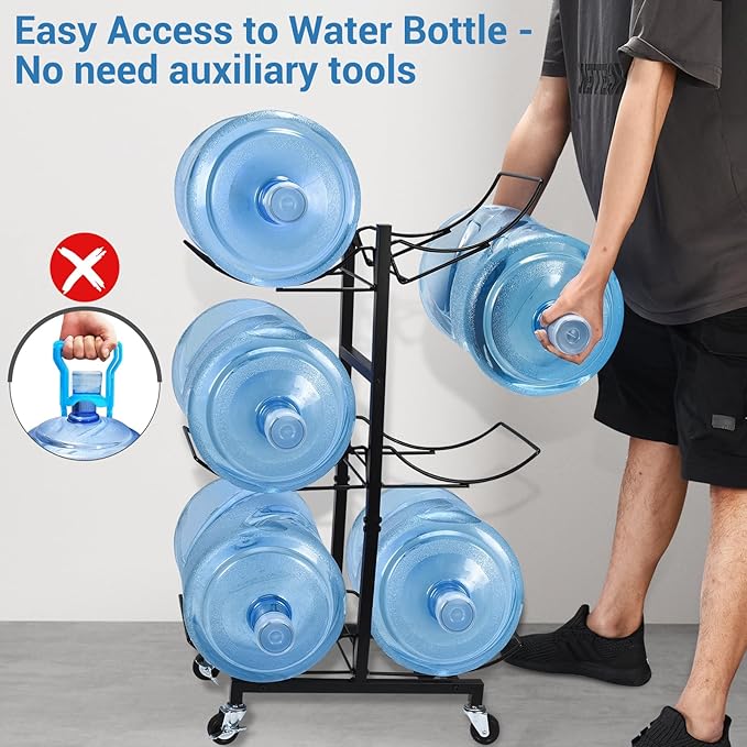 5 Gallon Water Jug Holder with 4 Wheels, Movable Heavy Duty Foldable Water Jug Stand 3-Tier 5 Gallon Water Bottle Holder Water Cooler Jug Storage Rack for 6 Bottles(Black)