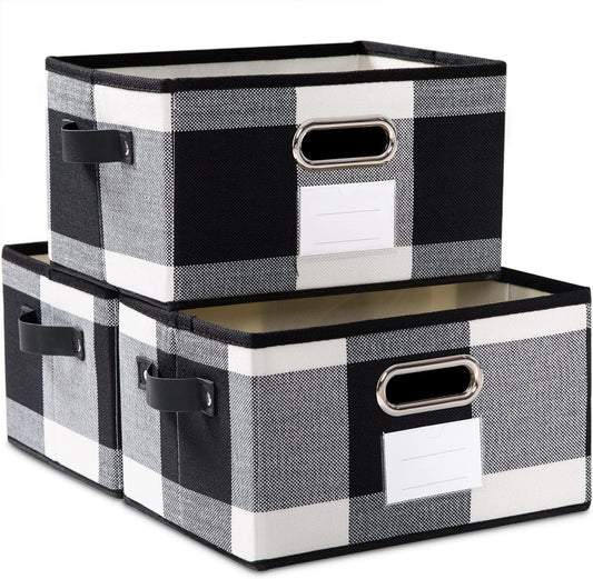 PRANDOM Large Collapsible Storage Baskets for Closet [3-Pack] Decorative Fabric Storage Bins Cubes with Leather/Metal Handles for Shelves Bedroom Living Room Black and White Grid (14.9x9.8x8.3 Inch)