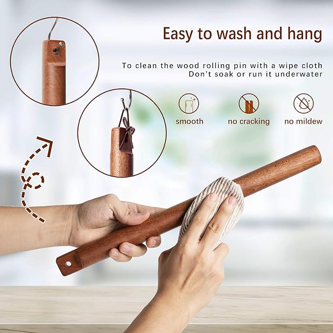 Versatile Rolling Pin for Dough - Sapele Wood Rolling Pin with Unique Hanging Hole Design - Perfect for Baking, Pies - Pastries, Elegant Wooden Rolling Pins - Your best 16 Inches French Rolling Pins