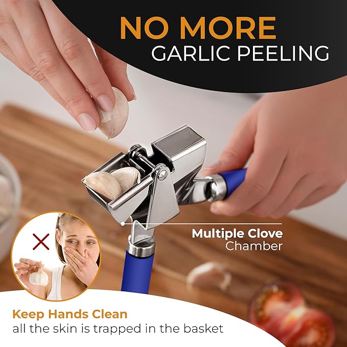 ORBLUE Garlic Press Stainless Steel - Premium Professional Grade Garlic Mincer, Crusher & Peeler Set - Easy Clean, Dishwasher Safe & Rust-proof, Blue