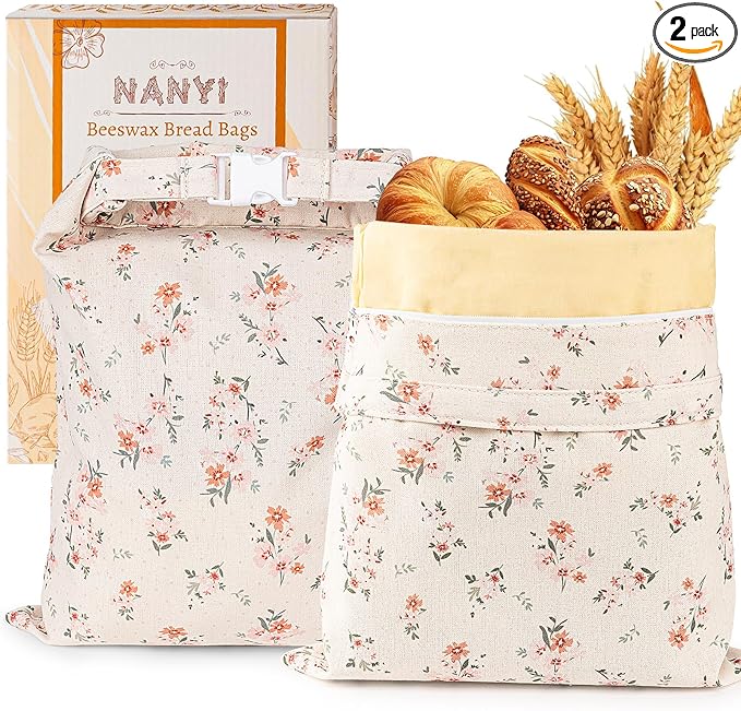 2-Pack Reusable Beeswax Bread Bags for Sourdough & Homemade Bread，Cotton Waxed Bags Keeps Fresh Longer(Crimson Bloom)
