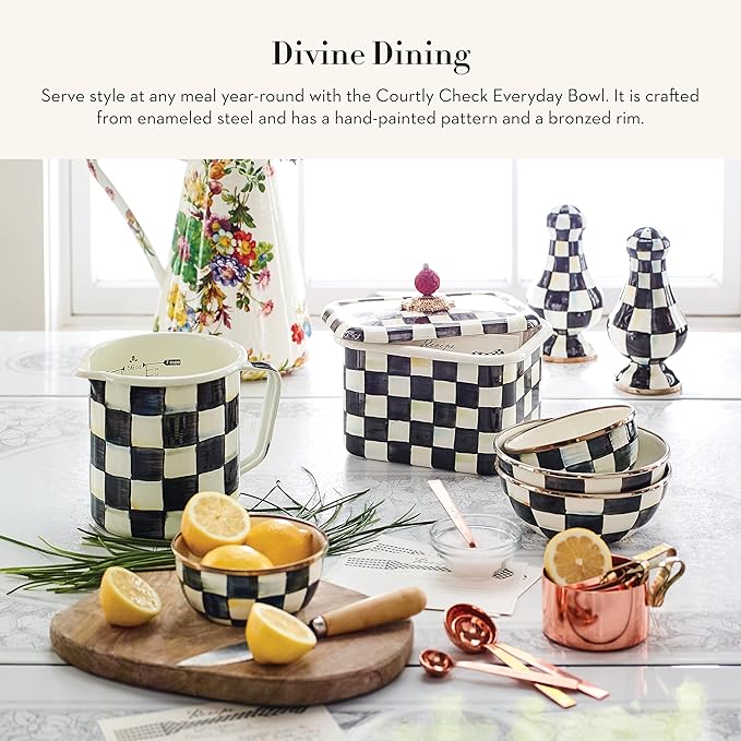 MACKENZIE-CHILDS Enamel Everyday Bowl, Serving Bowl for Entertaining, Extra-Small, Black-and-White Courtly Check, Set of 1