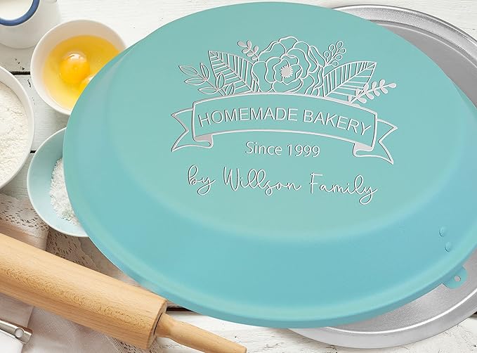 Personalized Aluminum Pie Pan with Lid Customized Cake Pan Bake Tray Engraved With Custom Name Text Monogram - Wedding, Engagement, Anniversary, Housewarming, Birthday, Bridal Shower Gift(Teal)