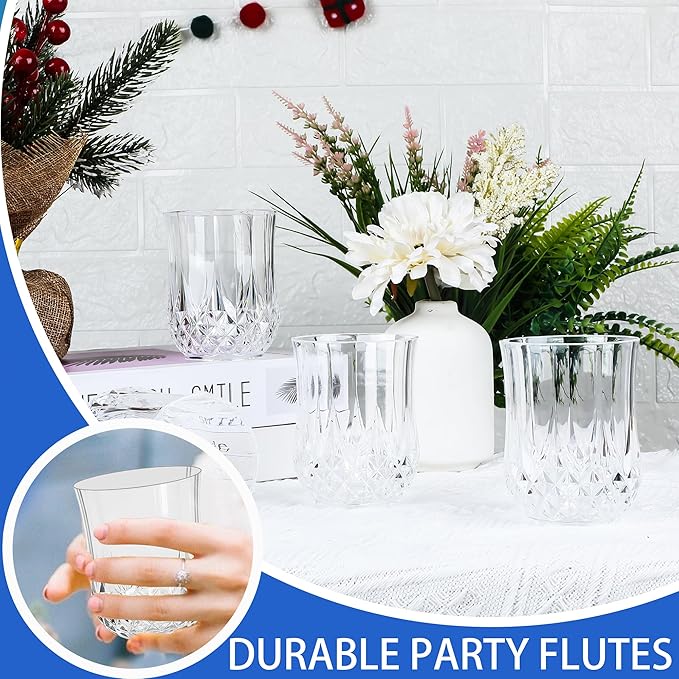 12 PCS Transparent Stemless Wine Glasses，Plastic Reusable Cups 9OZ Vintage Drinking Glasses Tumblers for Whisky, Beer, Juice, Beverages, Cocktai