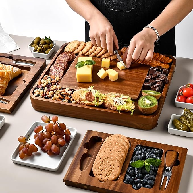 Shanik Upgraded Acacia Cheese Board Set, Square Shaped Charcuterie Set, Cheese Platter, Handcrafted Design and Stainless Steel Cutlery Set - Gift for Any Occasion with Engraving