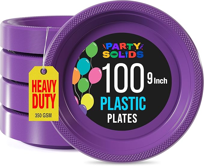 Exquisite Party Solids Purple Plastic Plates For Party 9" Purple Disposable Plates Heavy Duty Supplies 100 Pcs Plastic Dinnerware Sets Heavy Duty 350 GSM Disposable Dinnerware Set