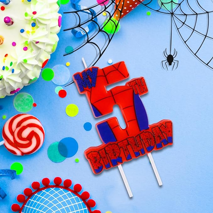 Spider Birthday Party Decorations, Number 5 Red Spider Web Happy Birthday Cake Candle for Boys Girls Spider Web 5th Birthday Party Supplies (Spider Web 5th Candle)