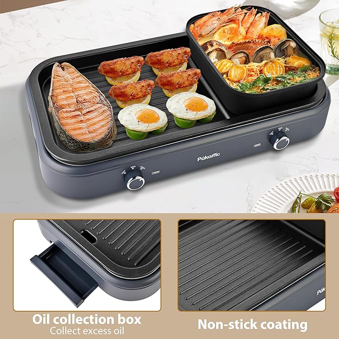 Pukomc Electric Hot Pot with Grill，2 in 1 Korean BBQ Grill Shabu Shabu Hot Po， 1500W / Temperature Control, Quick Heating Detachable Hot Pot and Baking Tray，gray