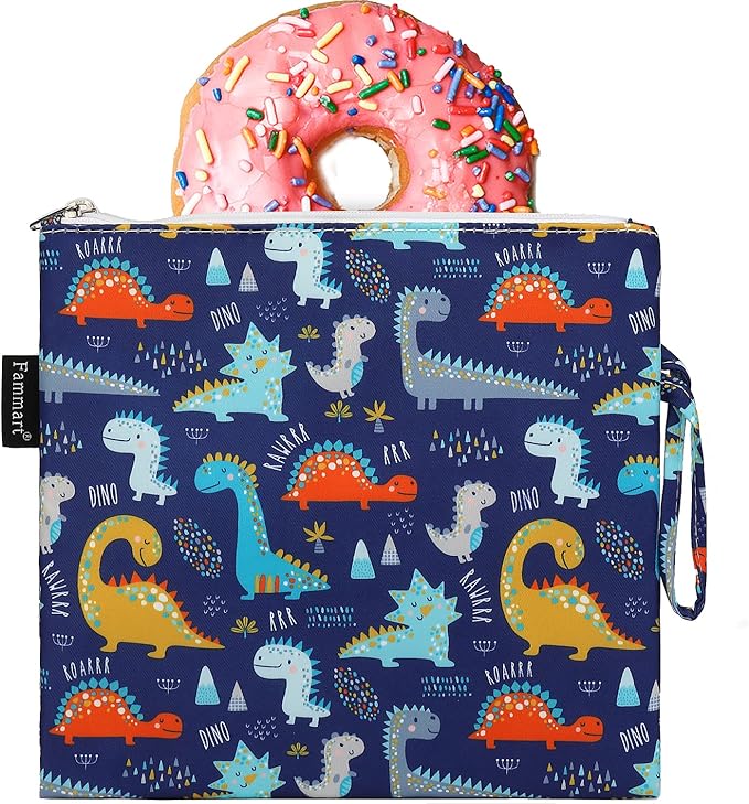 Reusable Sandwich Bag/Snack Bag for Kids & Adults, Dual Layer Lunch Bag with Handle, Cosmetic Bag Makeup Travel Bag for Women Girls, Washable, Food Safe, BPA Free (1-Pack, Dinosaur)