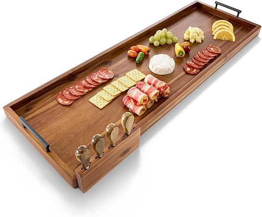 Acacia 36 Inch Extra Large Charcuterie Board with Cheese Knife Set of 4 - Acacia Wood Serving Tray with Handles, Long Charcuterie Board, Large Charcuterie Boards for Party, Wooden Cheese Board