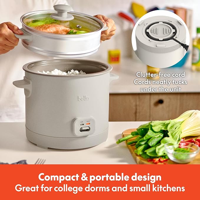 bella 16 Cup Rice Cooker with Steamer, Dishwasher Safe Steaming Basket, Rice Paddle and Measuring Cup, Removable Nonstick Cooking Bowl, Automatic Keep Warm Function, 400 Watt, Oatmilk