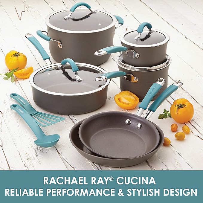 Rachael Ray Cucina Hard Anodized Nonstick Cookware Pots and Pans Set, 12 Piece, Gray with Blue Handles & Cucina Nonstick Cookware Pots and Pans Set, 12 Piece, Agave Blue