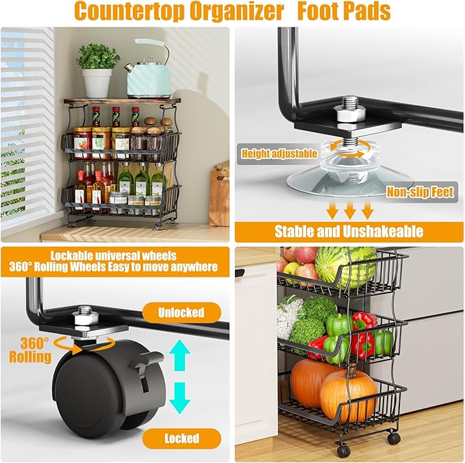 Fruit Vegetable Basket for Kitchen, 4 Tier Stackable Fruit Vegetable Storage Baskets with Wheels, Metal Wire Storage Basket Organizer Baskets for Kitchen, Pantry, Bathroom