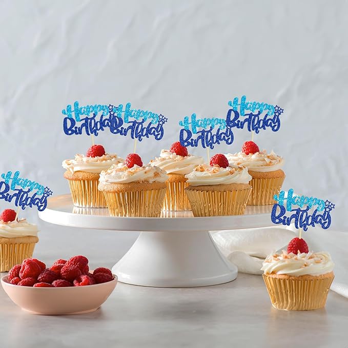Ephlyn 24Pcs Happy Birthday Cupcake Toppers Double Layer Glitter Happy Birthday Cake Decorations for Baby Shower Theme Kids Boys Girls Birthday Anniversary Party Decorations Supplies Blue